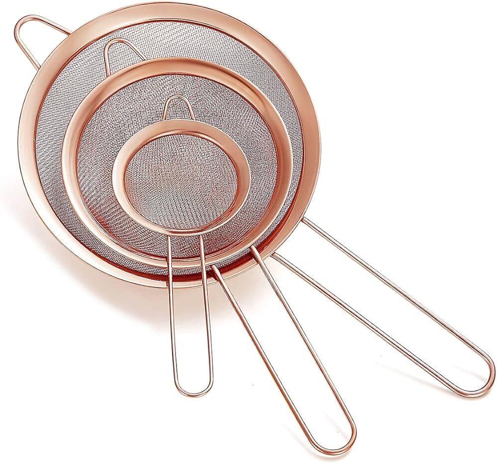 Copper Fine Mesh Strainer 3 Pieces Set, Rose Gold Flour Sifter For Baking, Stainless Steel Clande... | Amazon (US)