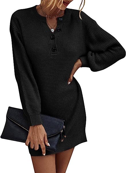 MsLure Women’s Long Sleeve V Neck Button Down Mini Sweater Dress Waffle Knit Henley Top Tunic R... | Amazon (US)