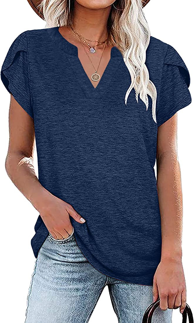 NANYUAYA Womens Tops V Neck Summer Petal Sleeve Shirts Casual Loose Basic Tees | Amazon (US)