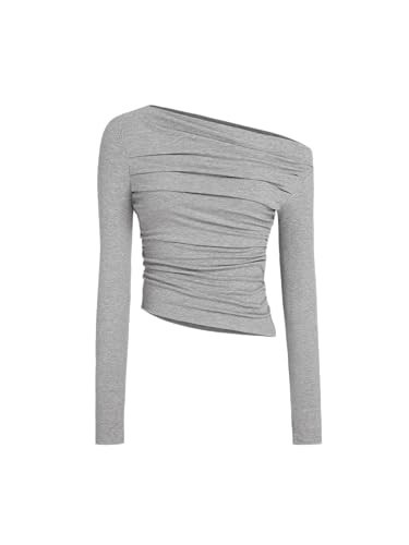 CIDER Solid Asymmetrical Neck Long Sleeve Top: Light Grey, XS | Amazon (US)