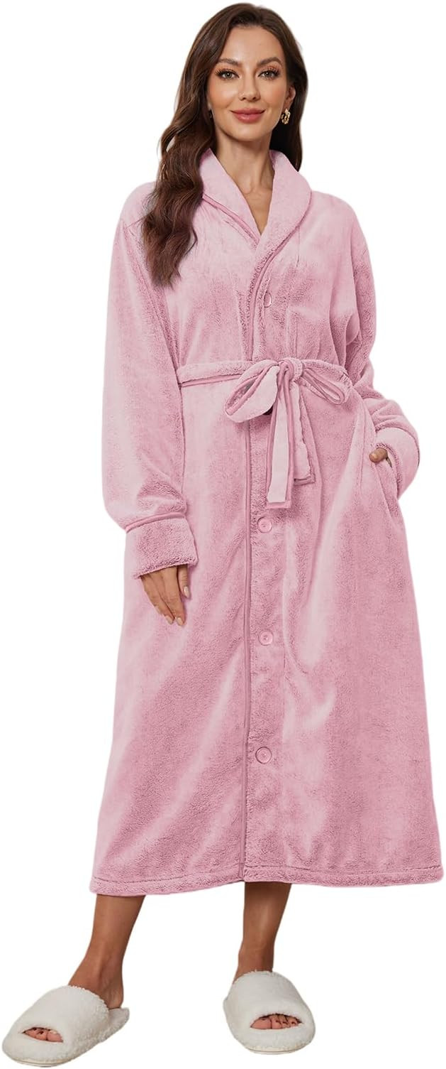 RONGTAI Women's Plush Fleece Robe with Buttons - Extra Long & Plus Size Winter Bathrobe for Women... | Amazon (US)