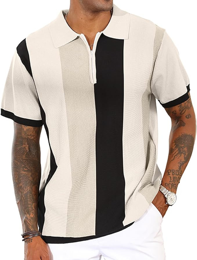 Men's Fashion Polo Shirts Vintage Striped Knitting Shirts Casual Slim Fit Golf Shirts | Amazon (US)