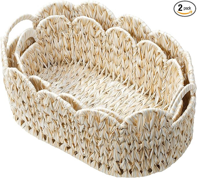 Wicker Scalloped Basket Set of 2,Woven Storage Baskets for Shelves,Closet,Laundry,Gifts,Towels,Bo... | Amazon (US)