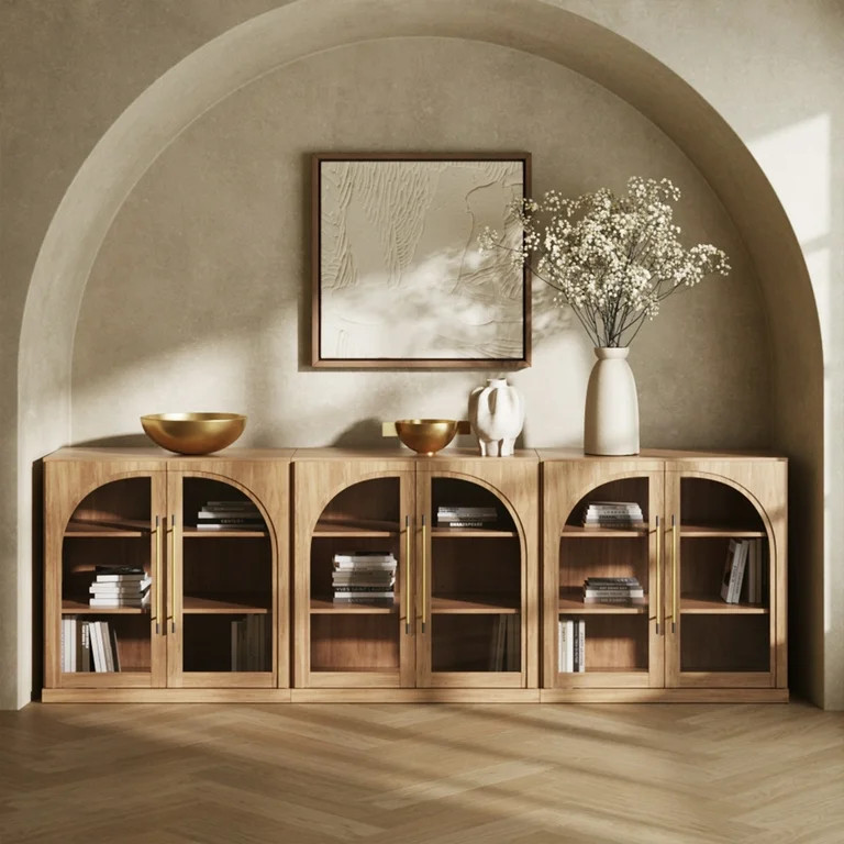 BELLEZE Set of 3 Modular Sideboard with Arched Glass Door, Accent Display Buffet Cabinet with Sto... | Walmart (US)