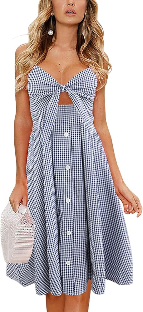 ECOWISH Women Dresses Summer Tie Front V-Neck Spaghetti Strap Button Down A-Line Backless Swing M... | Amazon (US)