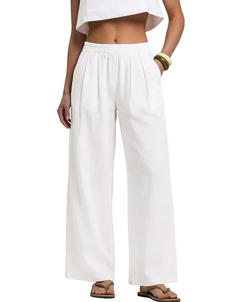 LOMON Linen Pants Women Wide Leg Palazzo Summer Flowy Pants Beach Vacation Clothes Elastic Waist ... | Amazon (US)