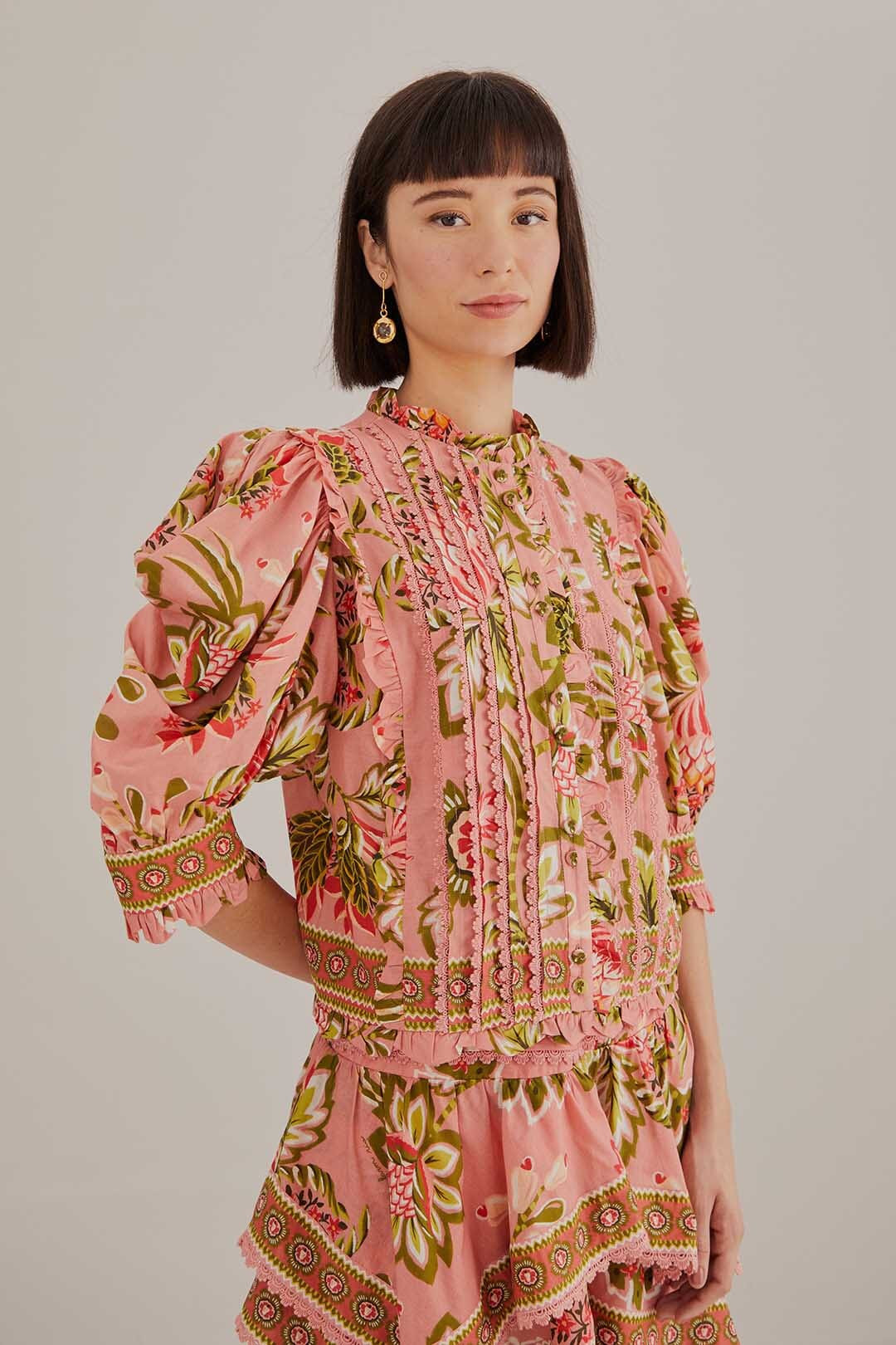 Soft Pink Aura Floral Short Sleeve Blouse | FarmRio (US)