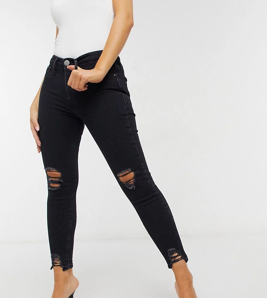 River Island Petite Molly raw hem skinny jeans in washed black | ASOS (Global)