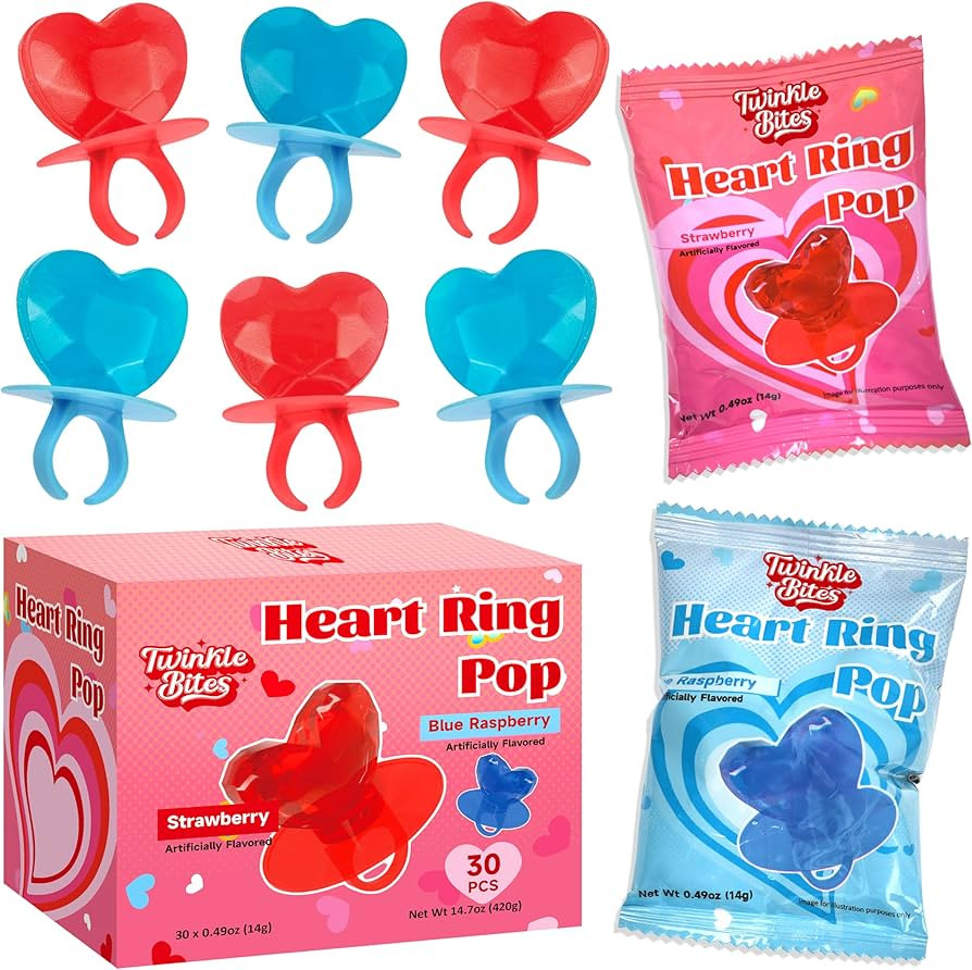 30 Pack Valentines Day Ring Candy – Individually Wrapped Holiday Themed Lollipops – Strawberr... | Amazon (US)
