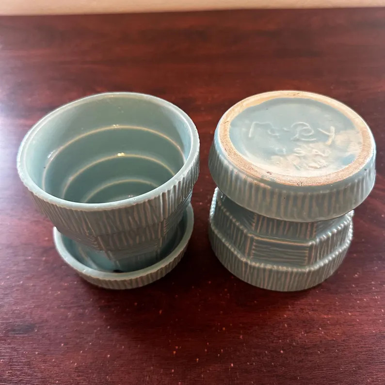Vintage Pair of Mccoy Pottery Turquoise Basket Weave 4 Planters W/ Attached Drain Plates - Etsy | Etsy (US)
