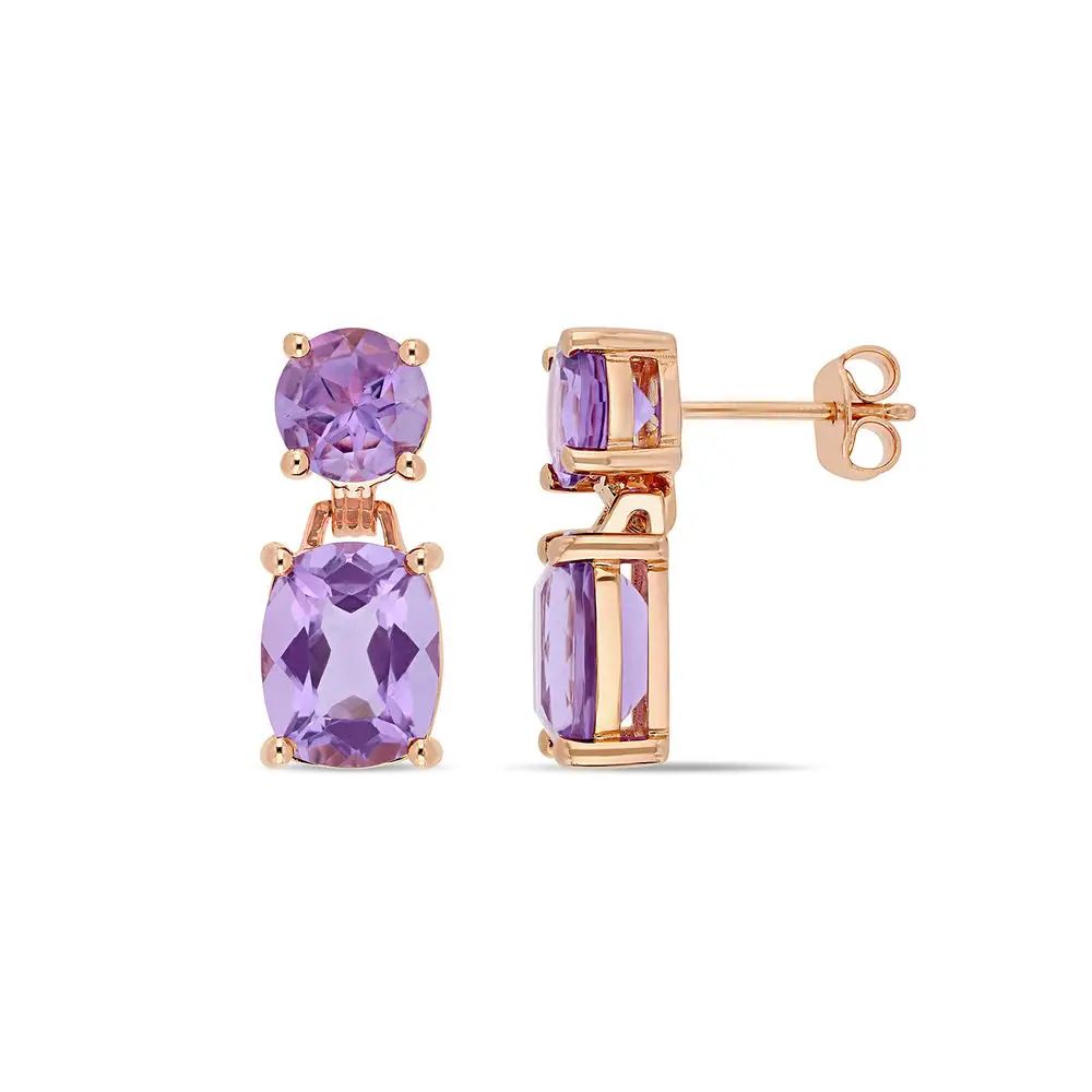 Cushion-Cut and Round Amethyst Drop Earrings in Rose Gold Plated Sterling Silver | MYKA