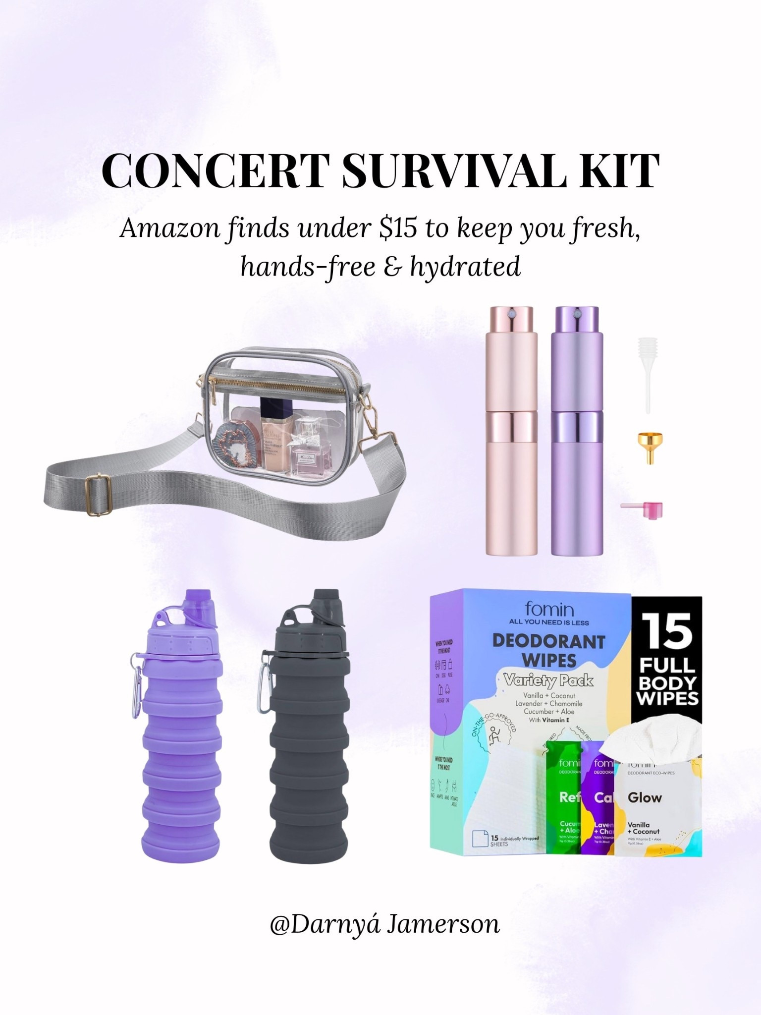 This Concert Survival Kit is giving “I planned ahead” energy. A clear crossbody bag that’ll get you through security and match the fit, deodorant wipes for mid-show refreshes, a foldable water bottle to stay hydrated without the bulk, and a refillable perfume atomizer to keep you smelling good all day. All under $15 on Amazon. Add to cart & thank me later.

concert survival kit, Amazon concert finds, under $15 essentials, stadium approved bag, clear crossbody, mini perfume atomizer, deodorant wipes, foldable water bottle, festival prep, concert ready, LTK Amazon finds, event essentials, outdoor concert gear, stay fresh must haves, hands-free concert bag, hydration on the go, Amazon beauty finds, Amazon concert kit

#LTKTravel

#LTKFestival