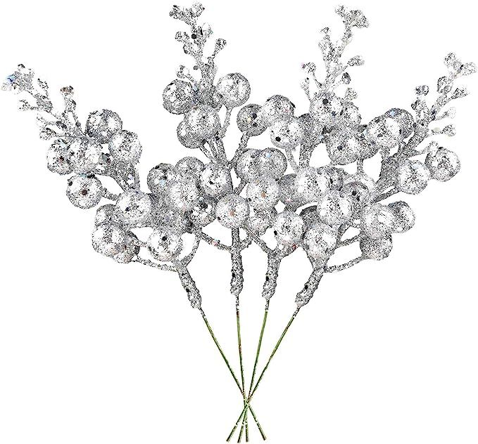 DearHouse 14 Pack Christmas Glitter Berries Stems, 7.8Inch Silver Artificial Christmas Picks for ... | Amazon (US)