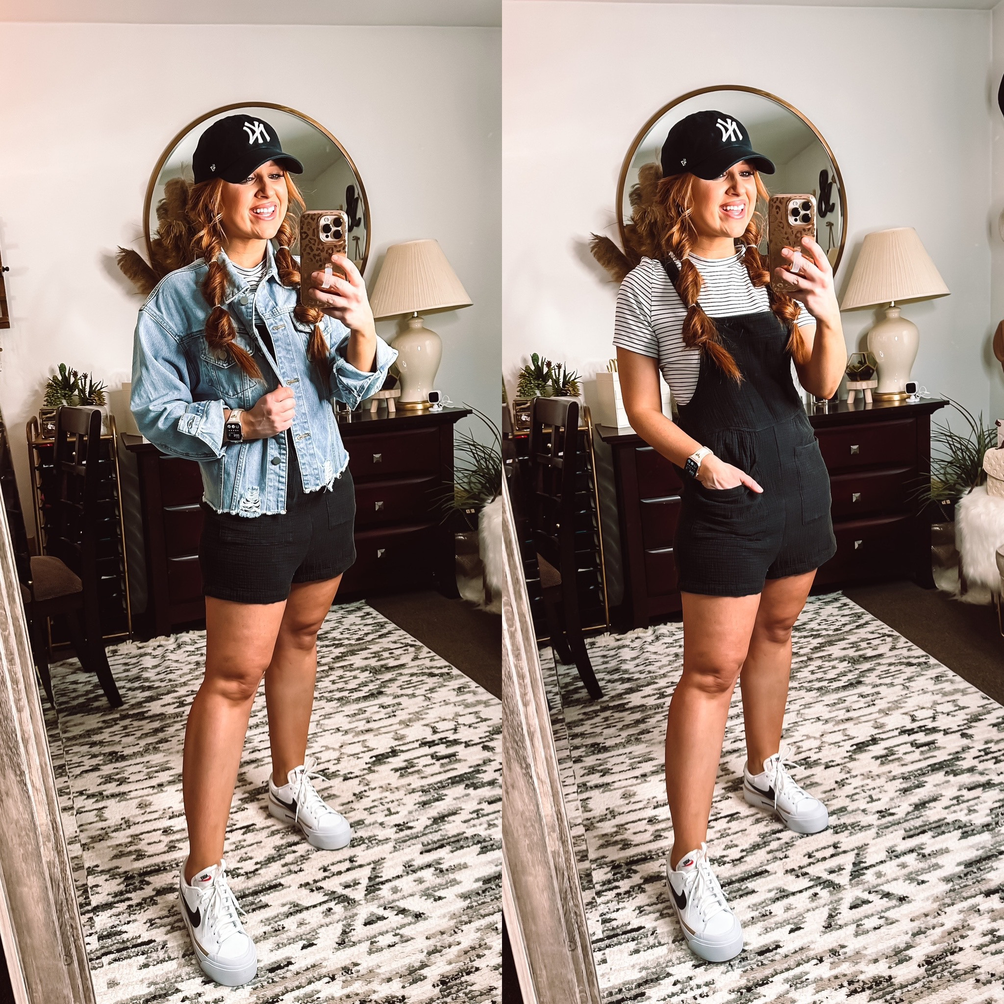 Casual fit from pink lily 
Spring basics launch 
Code: February20

Size medium denim distressed light wash jacket 
Size medium black and white stripe tshirt bodysuit
Size small romper gauze overalls 
Baseball cap and sneakers 

#LTKtravel #LTKstyletip #LTKSeasonal