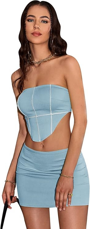 SOLY HUX Women's 2 Piece Outfits Strapless Asymmetrical Hem Crop Tube Top and Skirt Set | Amazon (US)