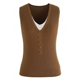 Fake Two-Piece Buttoned Ribbed Knit Top in Caramel | Chicwish