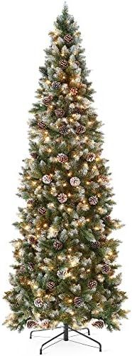 Amazon.com: Best Choice Products 9Ft Pre-lit Pencil Christmas Tree, Partially Flocked & Frosted S... | Amazon (US)