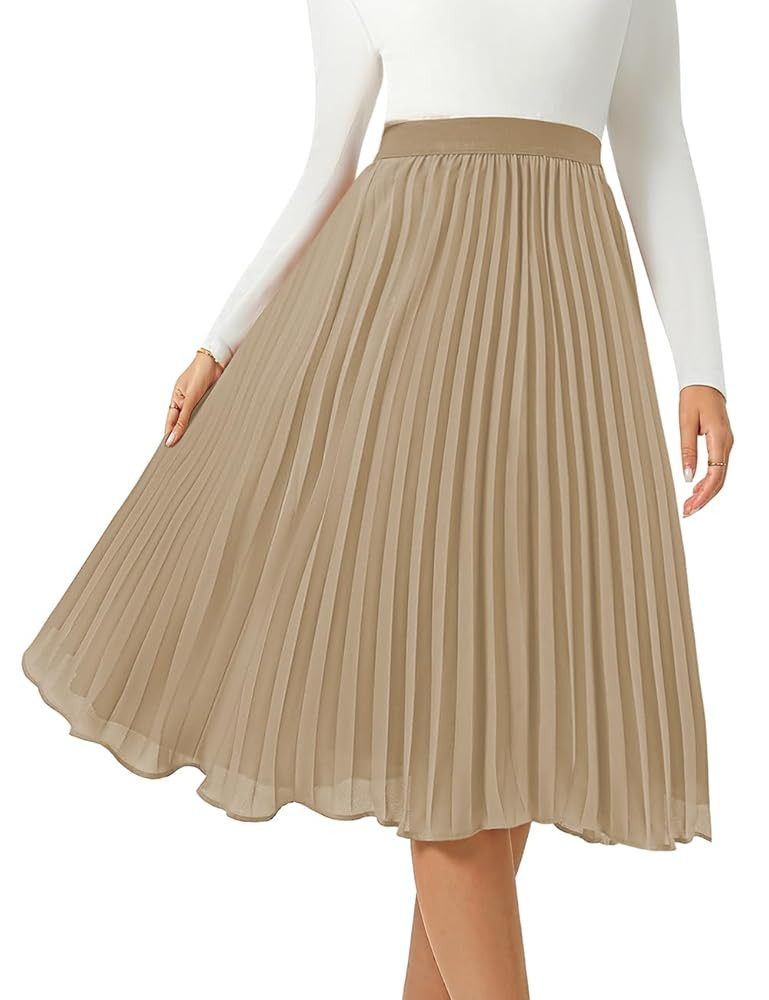 Women's Midi Skirt Elastic High Waist Pleated Skirt Knee Length Swing A-Line Casual Flowy Skirts ... | Amazon (US)