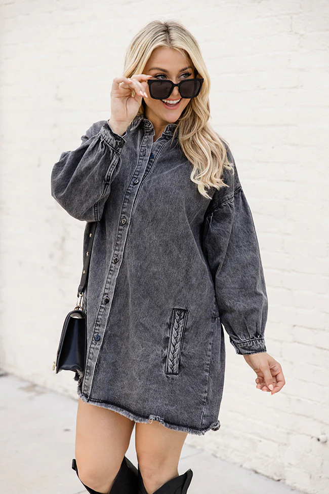 Start Looking Charcoal Chambray Long Sleeve Mini Dress | Pink Lily