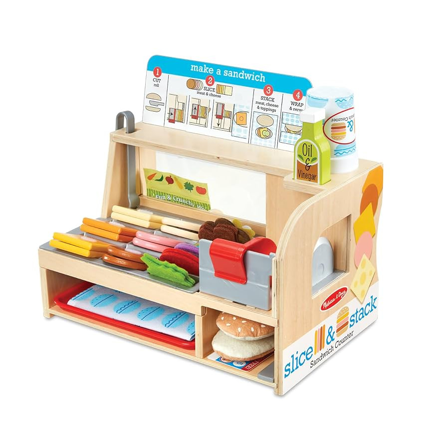 Melissa & Doug Wooden Slice & Stack Sandwich Counter with Deli Slicer – 56-Piece Pretend Play F... | Amazon (US)