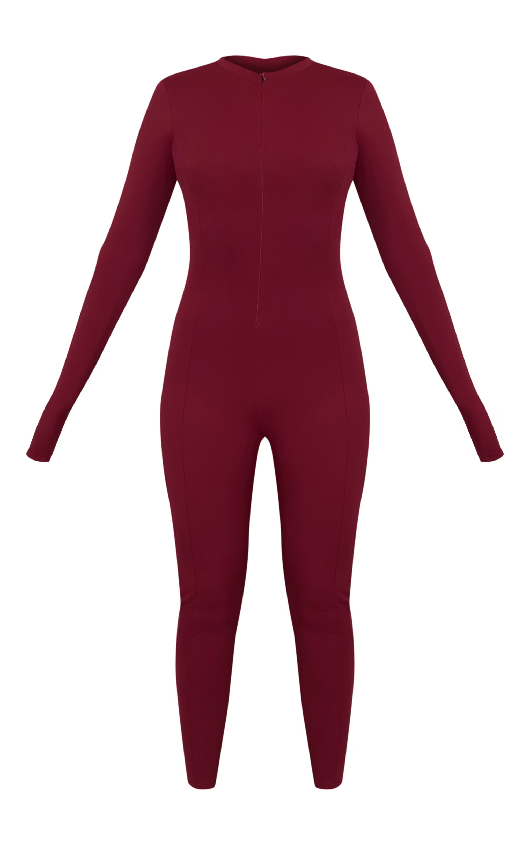 PLT SKI Wine Sculpt Seam Detail Zip Front Unitard | Athleisure | PrettyLittleThing US