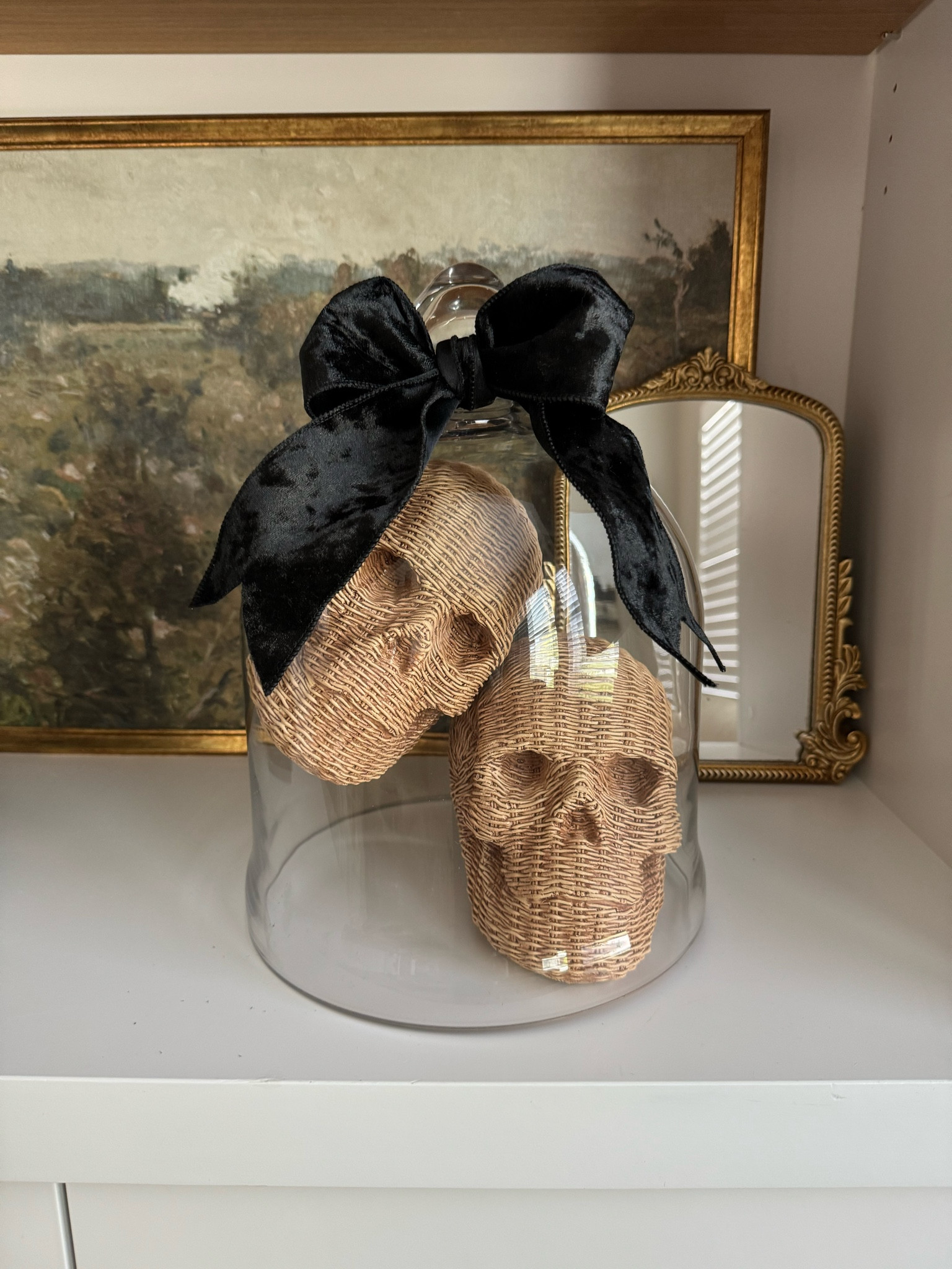 The most perfect woven skulls from Walmart and I linked a few similar bell cloches, make sure to look at dimension 🫶🏼💀
* cloches are not exact please measure, I did have to play with these to fit.  

#LTKSeasonal #LTKHome #LTKFindsUnder50