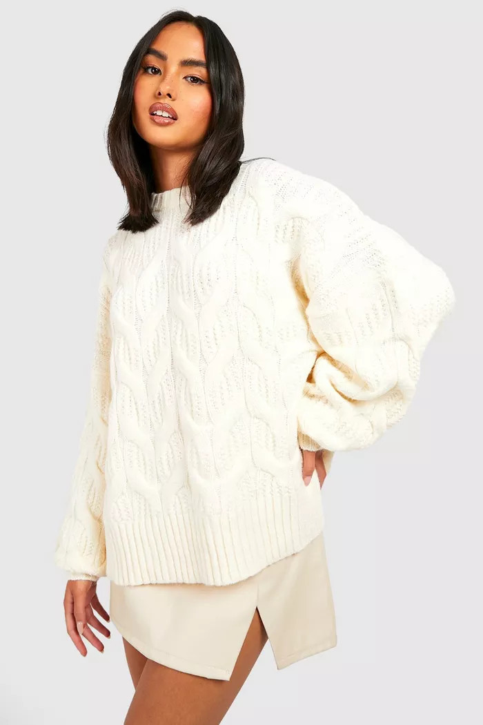Fluffy Cable Knit Crew Neck Sweater | boohoo (US & Canada)