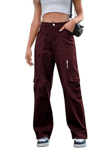 IVIR Cargo Pants Women High Waist Baggy Trendy Y2K Straight Leg Womens Jeans Petite Girls Denim Trousers Burgundy Small | Amazon (US)