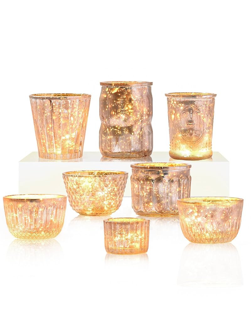 DN DECONATION 8PCS Gold Mercury Glass Candle Holder, Assorted Mercury Glass Votive Candle Holders... | Amazon (US)