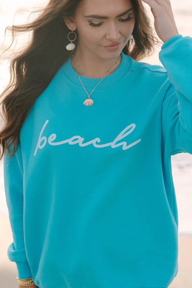 Beach Script Aqua Blue Oversized Graphic Sweatshirt | Pink Lily