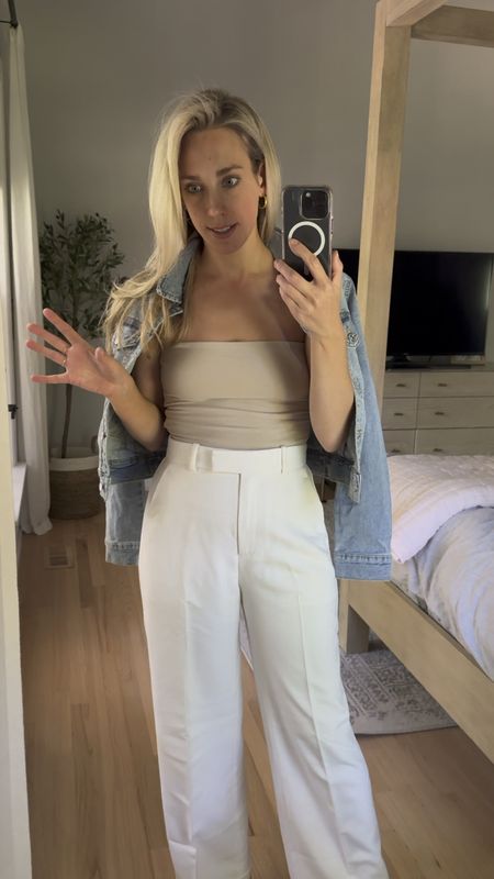 White Wide leg pants tailored pants dressy paint abercrombie pants abercrombie and fitch trousers tube top strapless top sandals wedges platform wedge dolce vita sandals denim jacket jean jacket date night outfit office outfit workwear 

#LTKVideo #LTKFindsUnder100 #LTKFindsUnder50