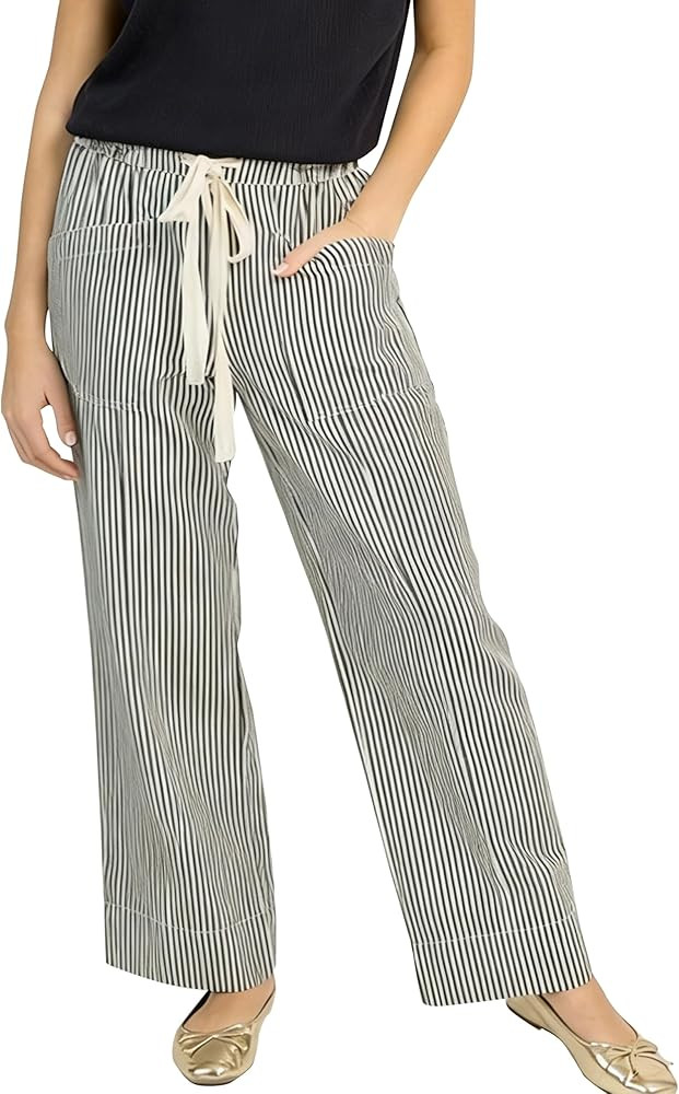 HangNiFang Women's Striped Wide Leg Pants Elastic High Waist Lounge Pants with Pockets Casual Tra... | Amazon (US)