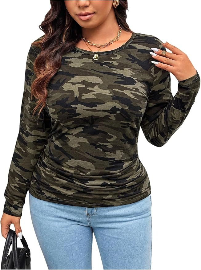 WDIRARA Women's Plus Size Camo T Shirt Long Sleeve Crew Neck Tees Ruched Tops | Amazon (US)