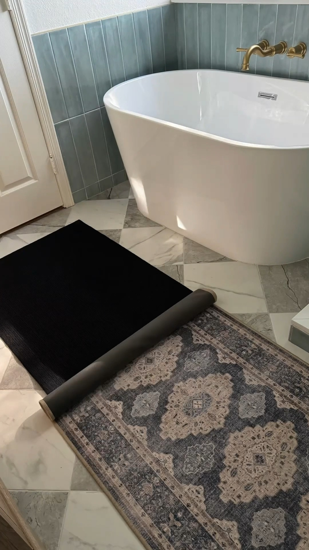 lowes primary bathroom remodel. checkerboard tile flooring. standing tub. bathroom runner rug that’s washable. 

#LTKdayinmylife #LTKSaleAlert #LTKHome