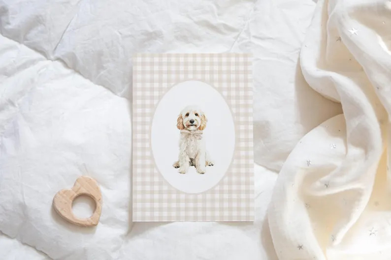 Blonde Golden Doodle Nursery Decor, Watercolor Dog Print, Neutral Nursery, Boy Gingham Wall Print... | Etsy (US)