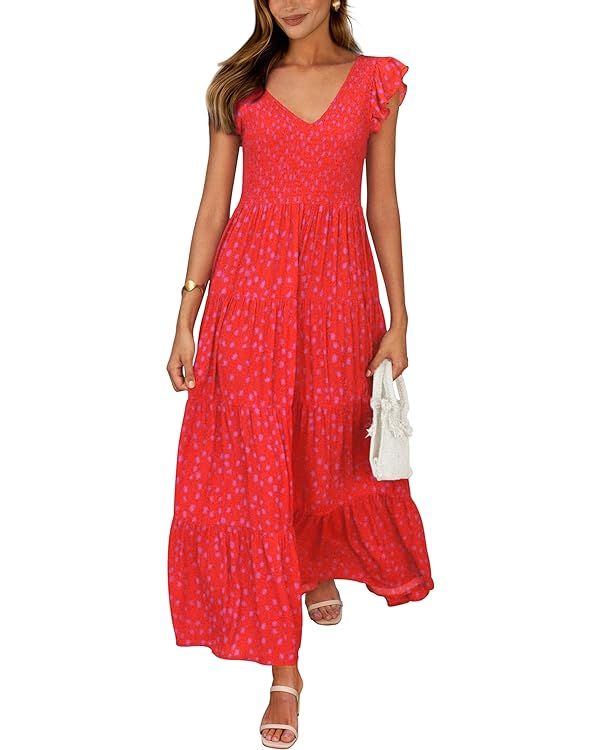 PRETTYGARDEN Women's Summer Flowy Maxi Dress Casual Cap Sleeve V Neck Smocked Beach Sundress | Amazon (US)