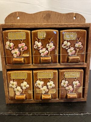 Vintage Japan Ceramic Wall Spice Shakers Wood Rack Shelf Brown Flower 6 Label | eBay US