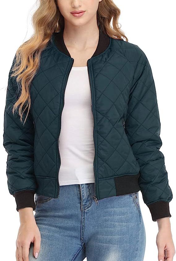 andy & natalie Women's Quilted Jacket Long Sleeve Zip up Raglan Bomber Jacket with Pockets | Amazon (US)