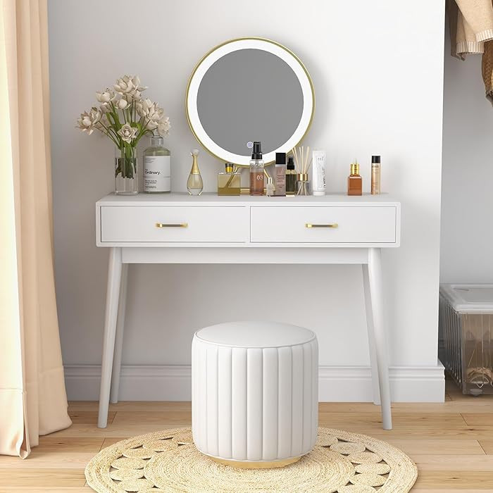 White Small Desk with Drawers - 40 Inch White Home Office Study Writing Desk for Bedroom, Vanity ... | Amazon (US)