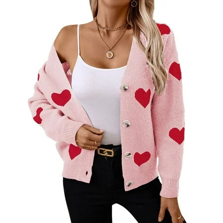 Cardigans for Women Heart Print Valentine s Day Sweaters Loose Casual Button Down Long Sleeve Open Front Knit Cardigans Alsol Lamesa | Walmart (US)