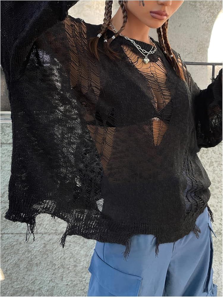 Verdusa Women's Hollow Out Crochet Sweaters Top Long Sleeve Ripped Knit Top Gothic Clothes Concer... | Amazon (US)