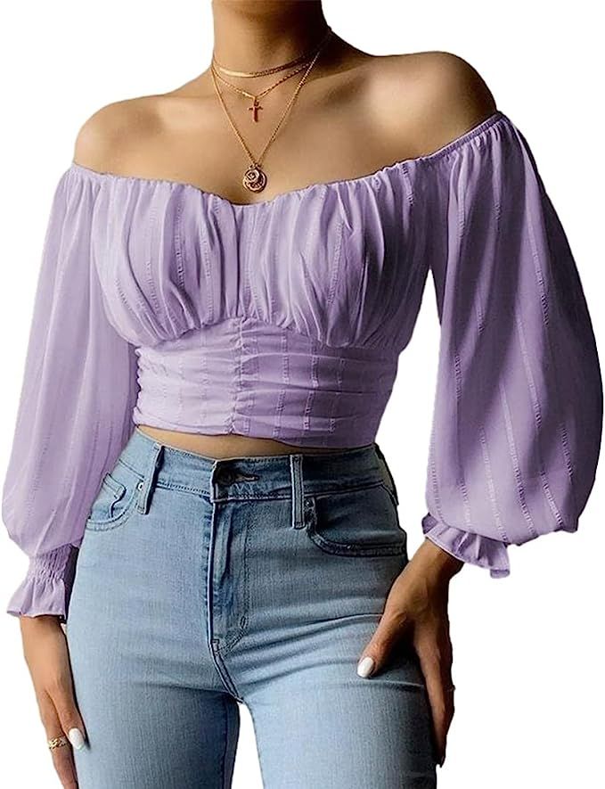 MIRACMODA Womens Elegant Off The Shoulder Rib Puff Sleeve Blouses Summer Rib Pleated Chiffon Crop... | Amazon (US)