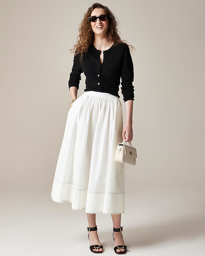 Contrast-stitch midi skirt in cotton poplin | J. Crew US