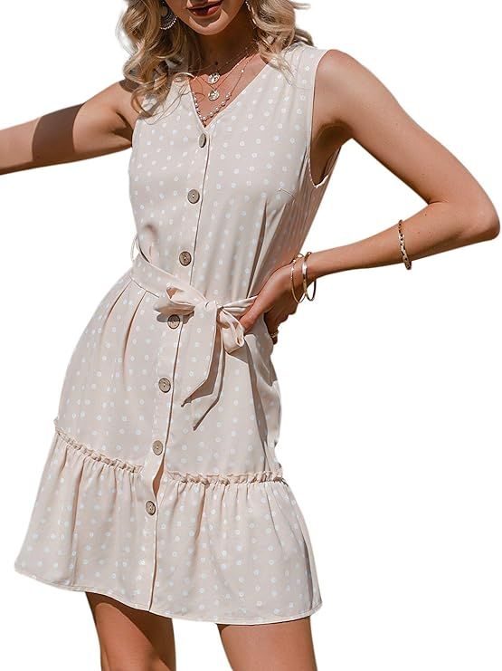 Lovinchic Women's Summer V Neck Button Down Mini Dress Polka Dot Casual Swing Short Dress | Amazon (US)