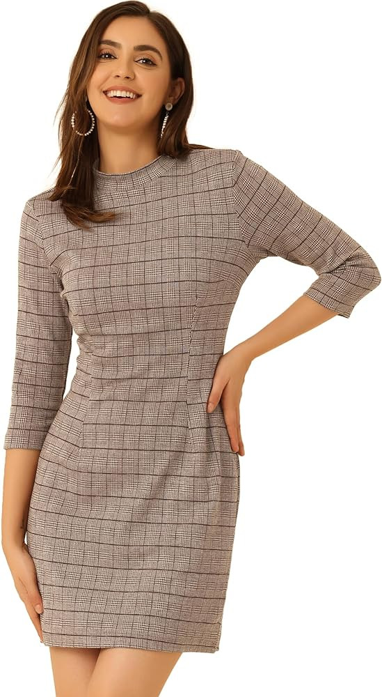 Allegra K Women's Mock Neck 3/4 Sleeve Slim Check Office Work Plaid Dress | Amazon (US)
