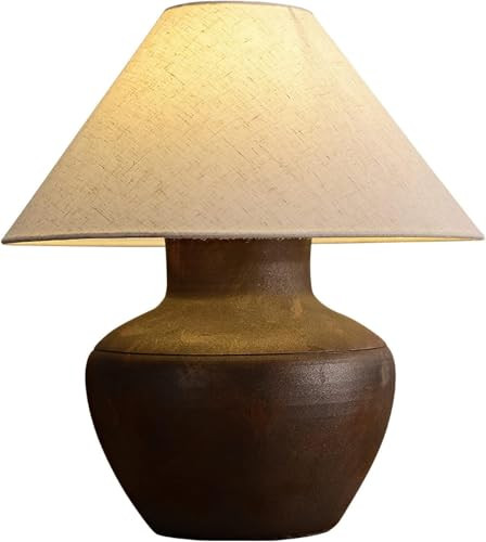 SLJCUPU Wabi Sabi Farmhouse Ceramic Table Lamp Vintage Rustic Clay Pot Table Lamps Brown Lamp Body with White Drum Shade Decor Bedside Nightstand Lamp for Living Room Bedroom House Office Entryway | Amazon (US)