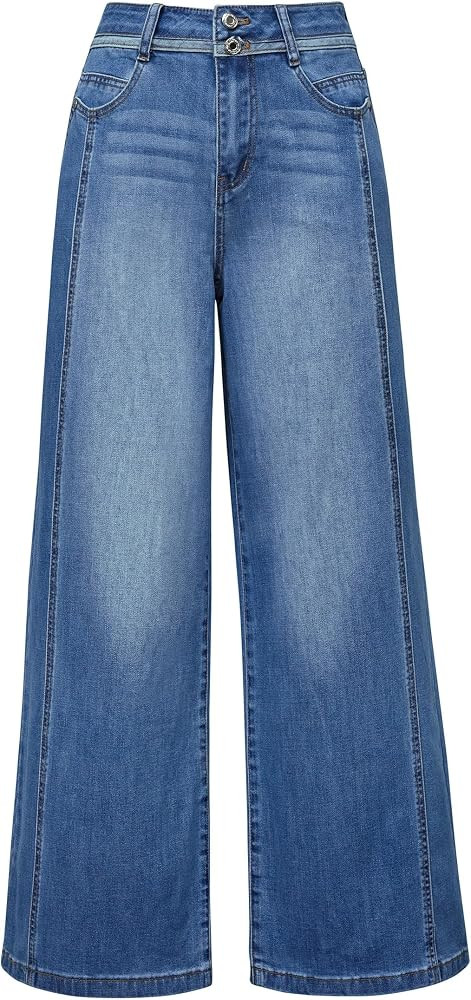 Arach&Cloz Women's Contrast Waistband Fall Business Casual Wide Leg Jeans | Amazon (US)