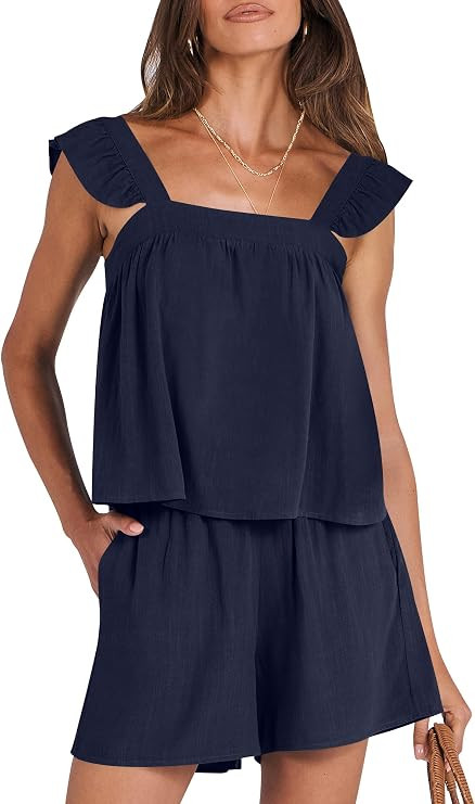 ANRABESS Women's 2 Piece Outfits Linen Set 2024 Summer Casual Sleeveless Crop Top Shorts Vacation... | Amazon (US)