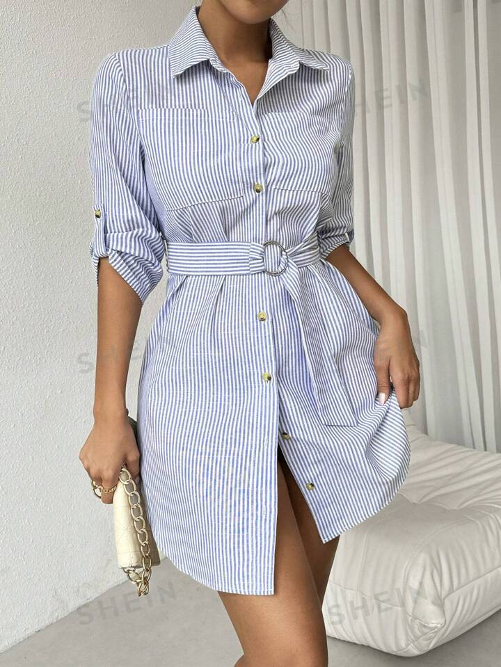 SHEIN Essnce Women's Striped Print Simple Daily Half Sleeve Dress | SHEIN