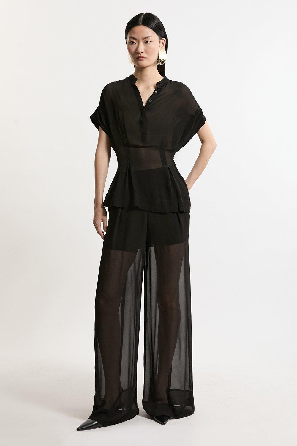 Viscose Georgette Woven Wide Leg Trouser | Karen Millen UK + IE + DE + NL